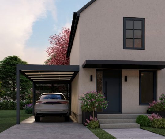 Maison moderne à deux étages avec un abri de voiture et des fleurs en plein jardin.