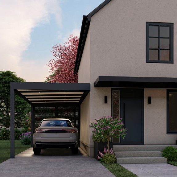 Carport moderne sur mesure protégeant une voiture fourniture et pose à Dijon - Maison Spann