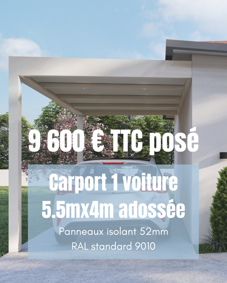 Carport adossé pour une voiture, dimensions 5,5 m x 4 m, prix 9 600 € TTC posé.