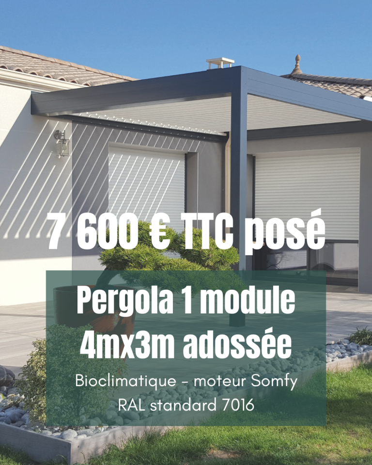 Pergola adossée 4x3m, 7 600 € TTC, avec moteur Somfy, finition RAL 7016.