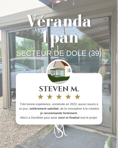 Véranda avec une porte, mention de service à Dole, avis de Steven M. en fond.