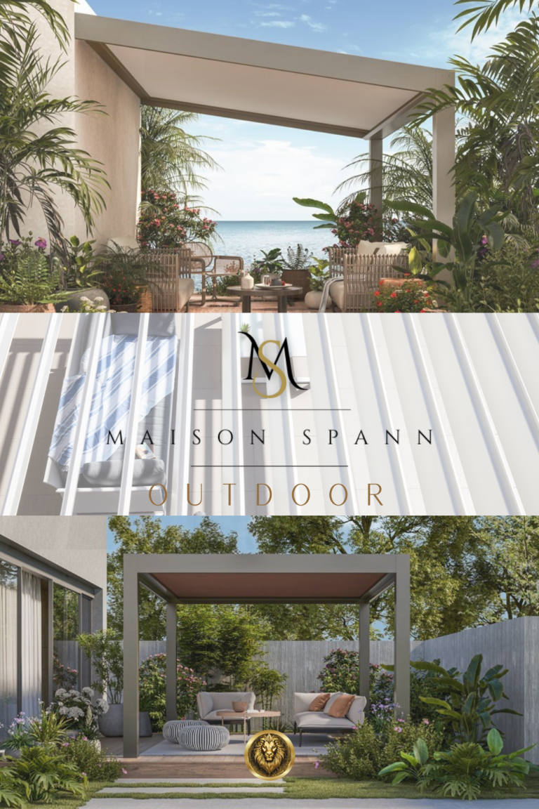 Vue d'un espace extérieur élégant avec pergola, plantes tropicales et vue sur la mer.