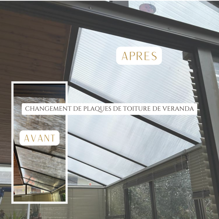 Avant et après le changement de plaques de toiture de veranda.