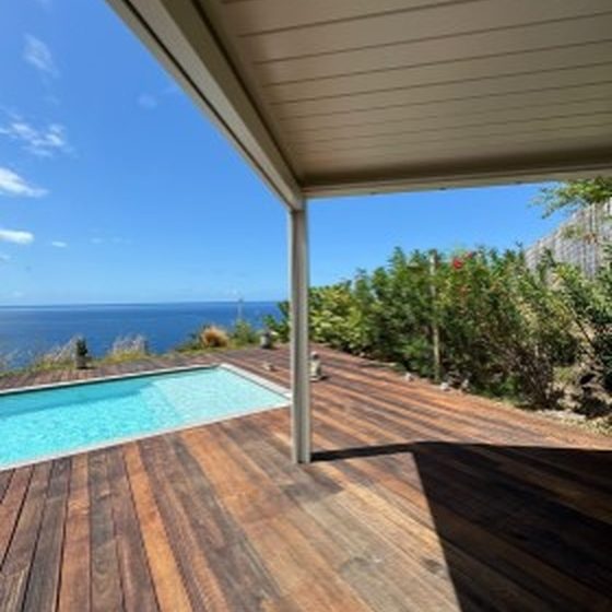 Vue sur la mer avec une piscine et une terrasse en bois, une pergola bioclimatique, entourée de végétation.