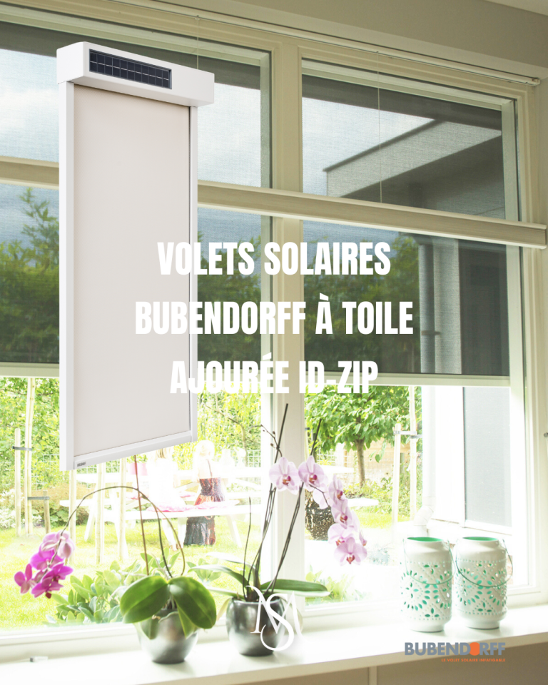 Volets solaires Bubendorff à toile ajourée, installés dans une véranda lumineuse.
