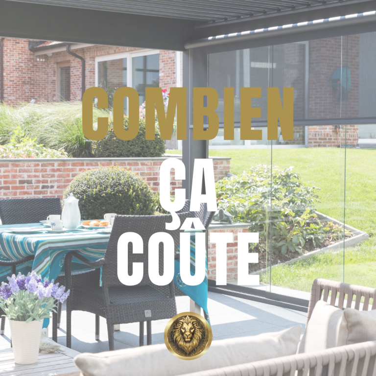 Texte sur une terrasse moderne : "Combien ça coûte" en lettres dorées.