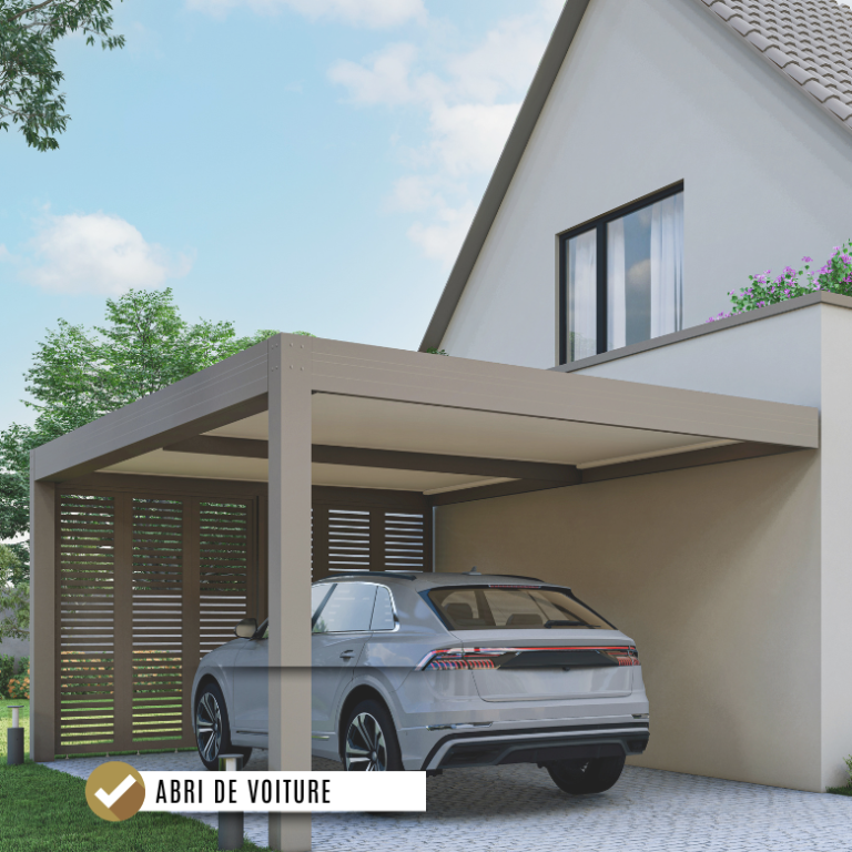 Abri de voiture moderne attenant à une maison avec une voiture grise garée.
