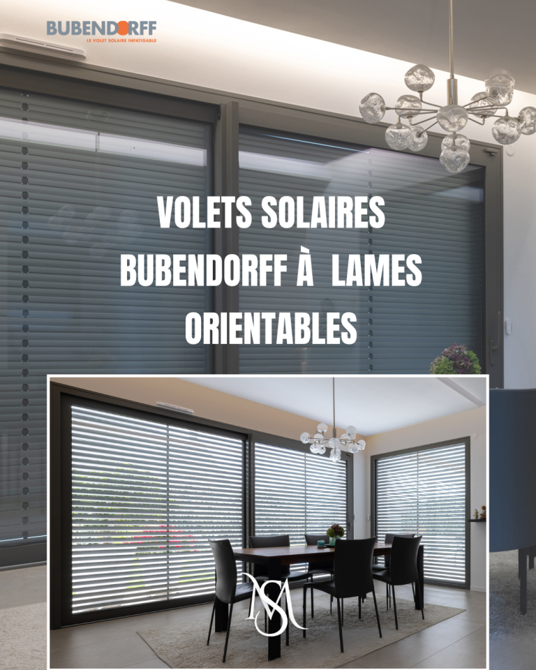 Volets solaires Bubendorff à lames orientables dans un intérieur moderne.